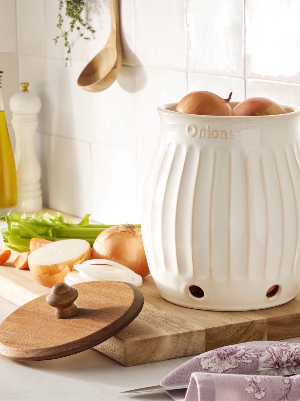 Pioneer Woman Colette Cream Ceramic Onion Crock with Vent Holes
